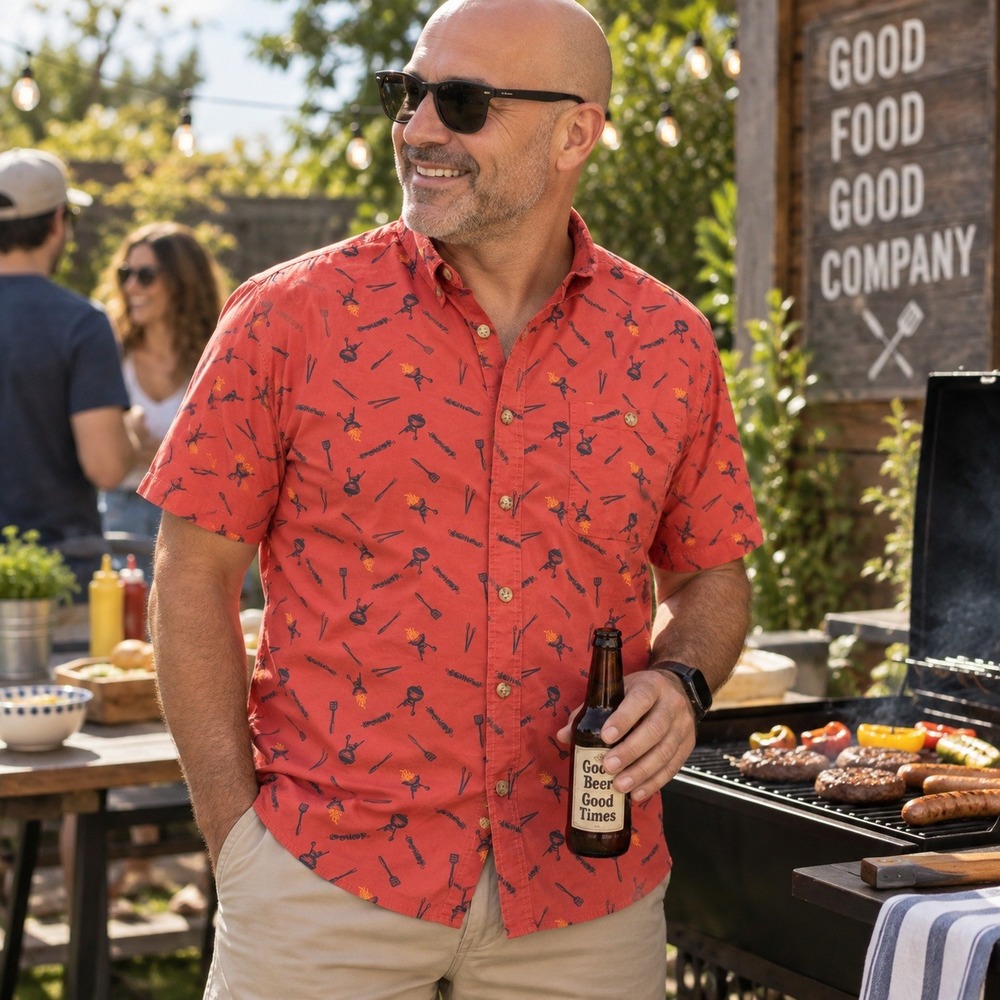 Duluth Trading Co Shirt Mens 2XL Relaxed Fit BBQ Grill Print Cotton Red Orange